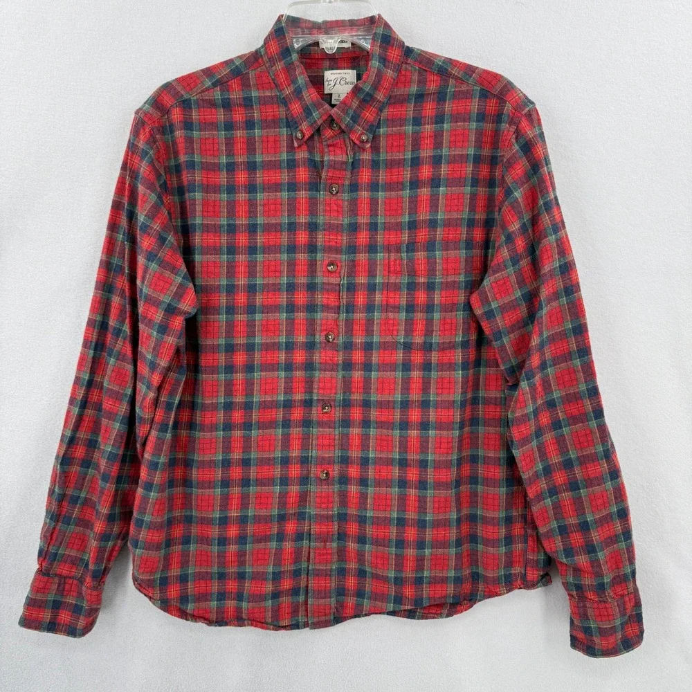 J. Crew Brushed Twill Shirt Mens Large Red Plaid Slim Untucked Button Down